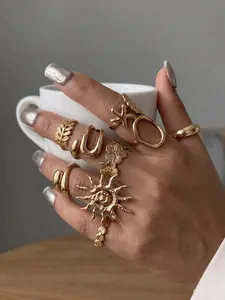 8-Piece Vintage Ocean Style Stackable Rings Set, Bohemian Vacation Style, Sun God Starfish Shell Flower Design, Women's Summer Beach Jewelry