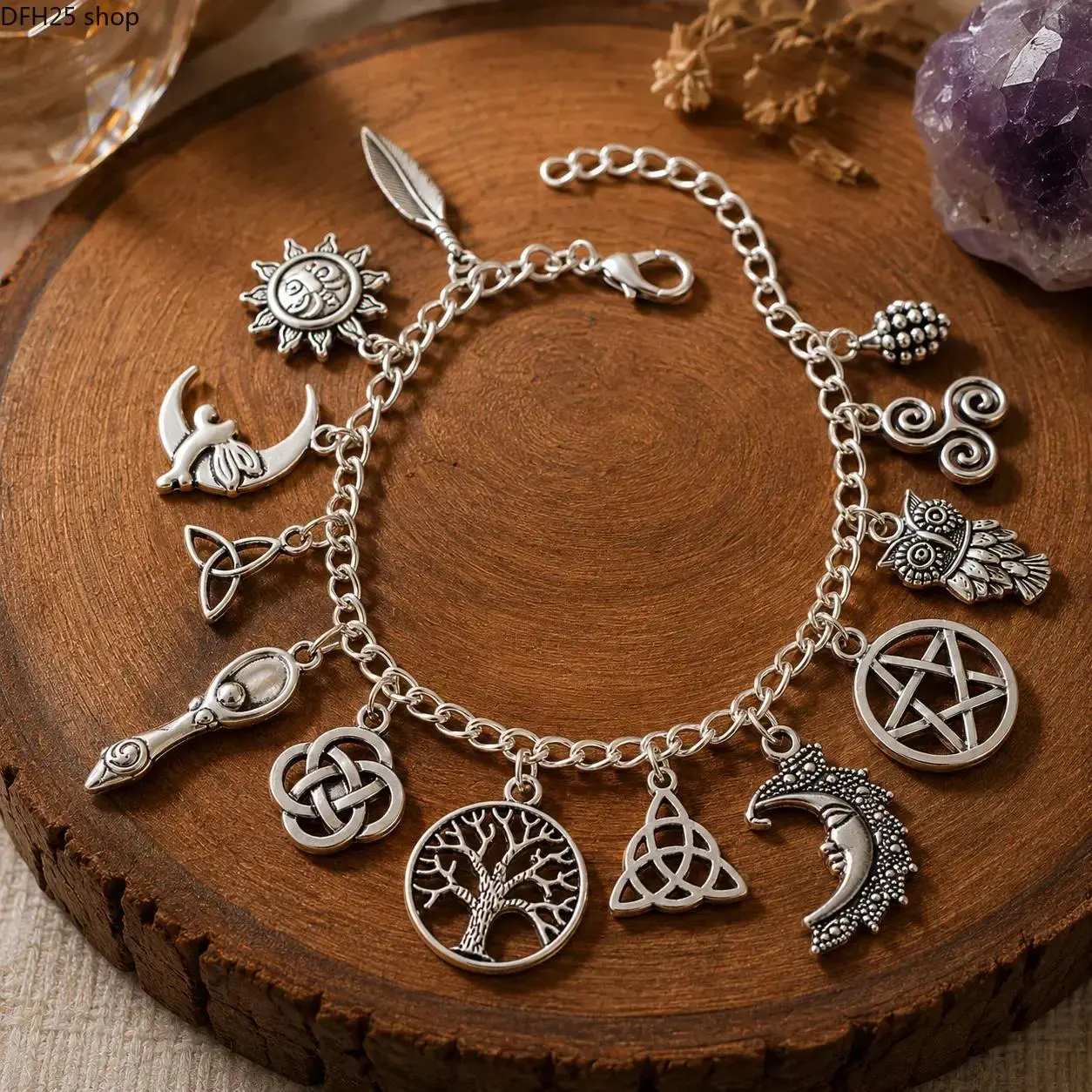 Celestial Charm Bracelet With Moon Sun Tree Of Life And Pentagram Charms Silver Tone Alloy Jewelry for Boho Daily Wear Festival Outfit And Gift Giving
