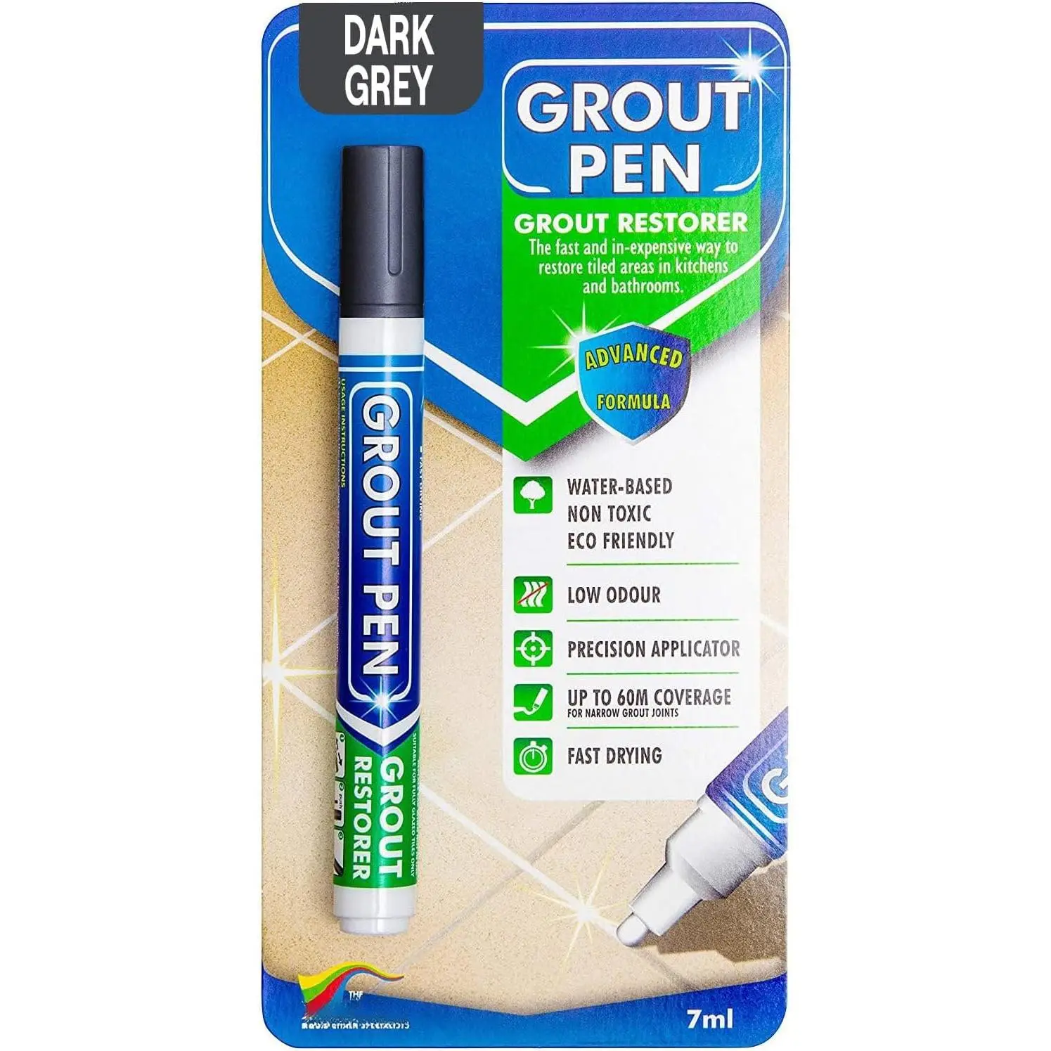 Grout Pen Dark Grey Tile Grout  Marker Restorer - Narrow 5mm Tip (7mL) |  Grout Line Refresher for Kitchen & Bathroom, Colorant and Sealer Pens for Cleaner Looking Grout Lines - Dark Grey