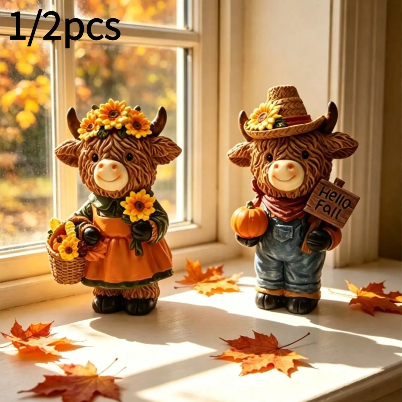 Autumn Harvest Highland Cow Statue, Rustic Resin Farmer Cow Sculpture, Sunflower Pumpkin Fall Decor, Thanksgiving Home Ornament, Animal Figurines, Gift for Cow Lovers