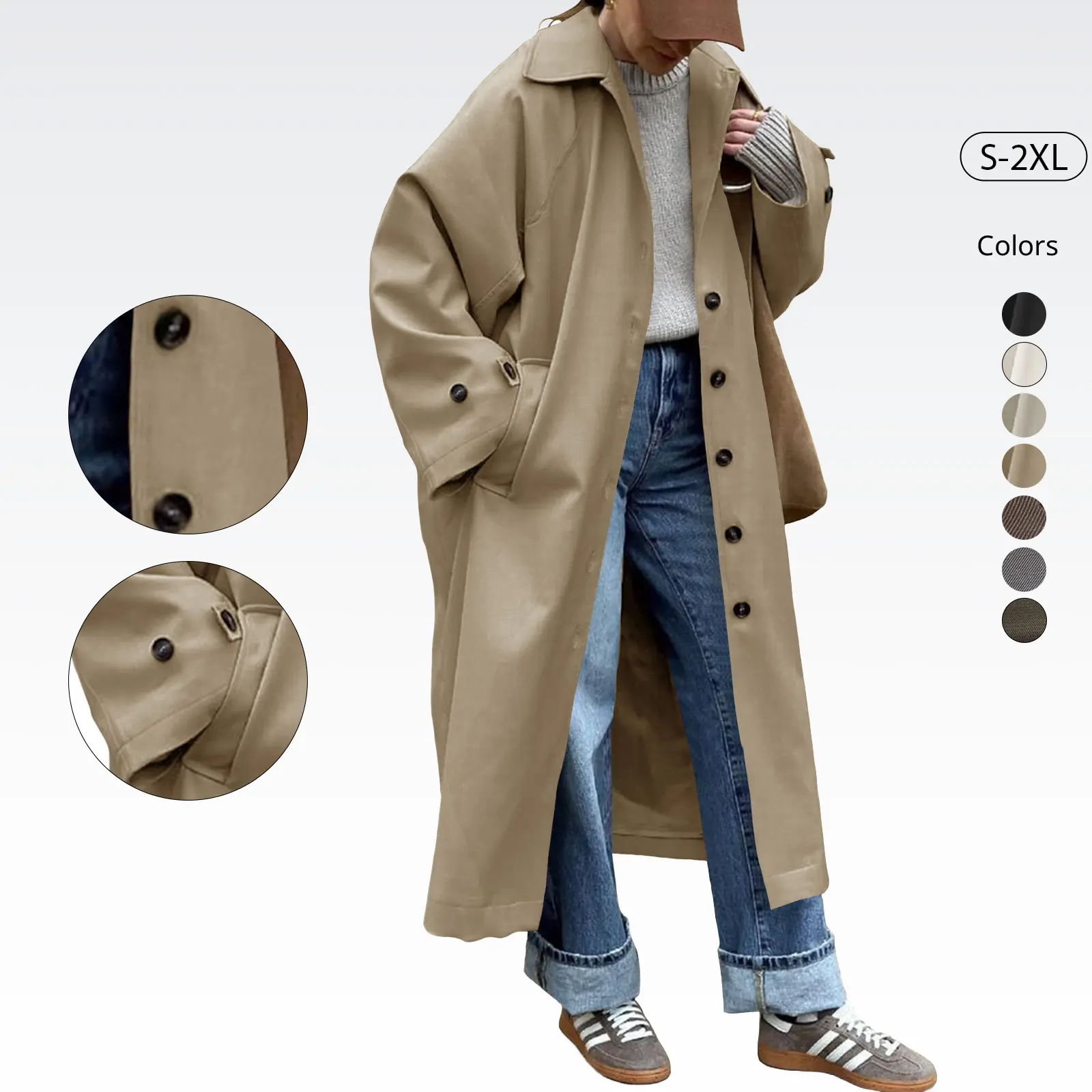 Tankaneo Womens Long Trench Coat Single Breasted Oversized Windproof Classic Lapel Fall Overcoat
