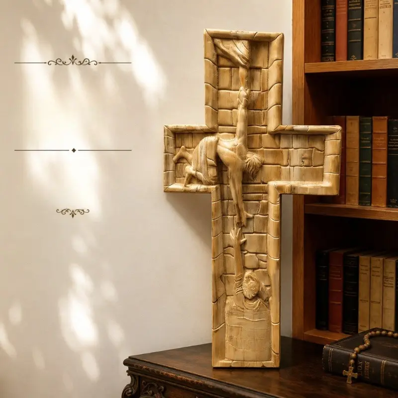 European‑style Creative Solid‑Wood Carved Easter Cross Home Decor Ornament, Wooden Craftwork