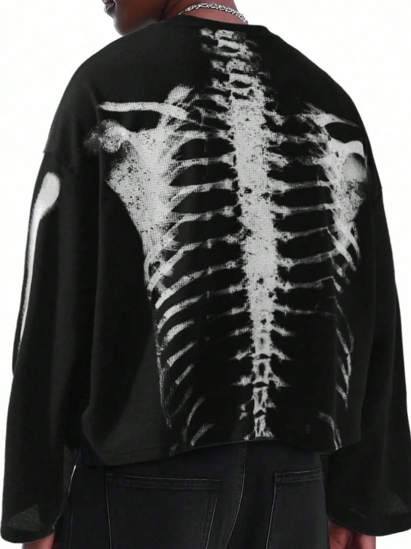 Men's Waffle Crew Neck Long Sleeve Loose Oversized Top, Vintage Skull Print, Breathable Fabric, Punk Gothic Y2K Streetwear, Casual Daily Wear