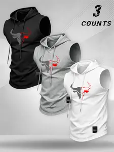 American Fitness Style Casual Loose-Fitting Letter Pattern Elastic Hooded Tank Top, Men's Gym Running Daily Wear