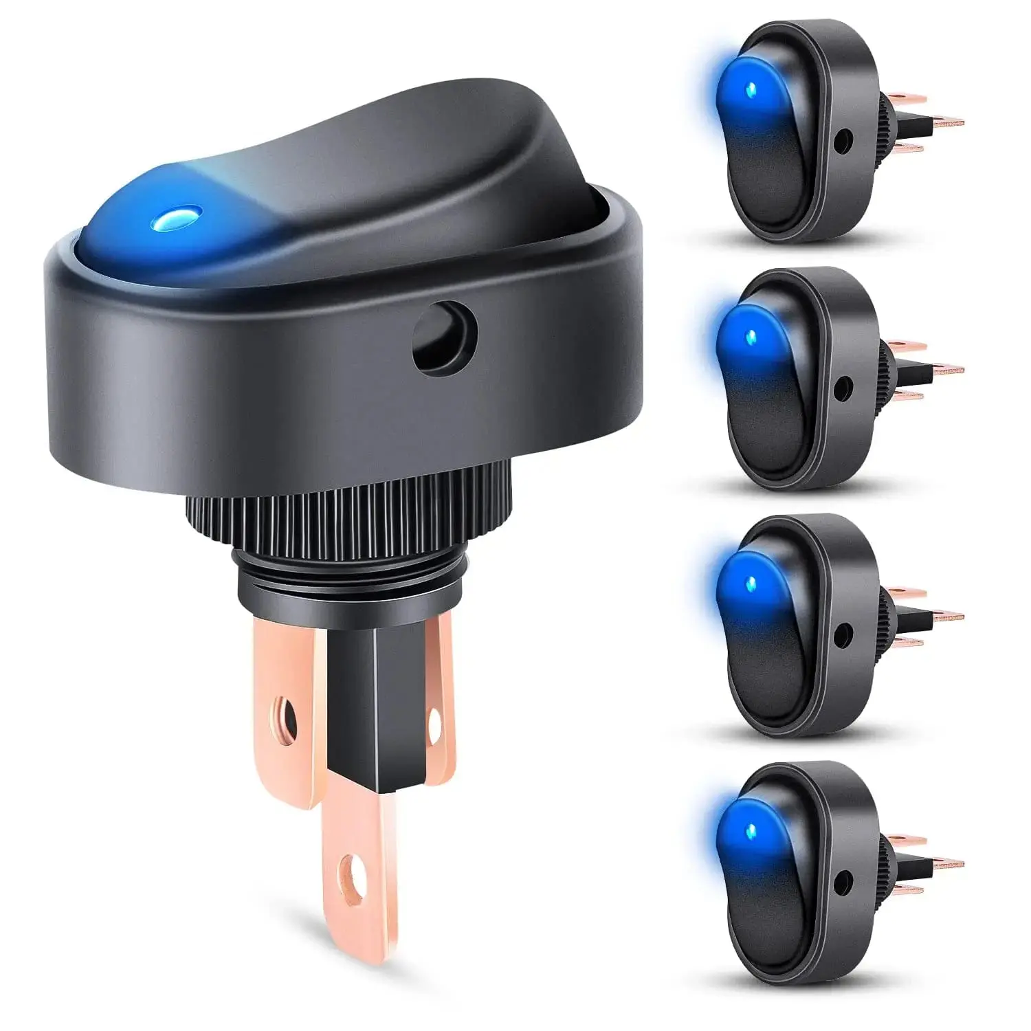 Nilight 5Pcs 12V 30A Max Plastic-Metal Toggle Switches - Round Rocker Shape, On-Off Control, Blue LED Indicator, Overload Safe for Automotive & Motorcycle Batteries & Accessories