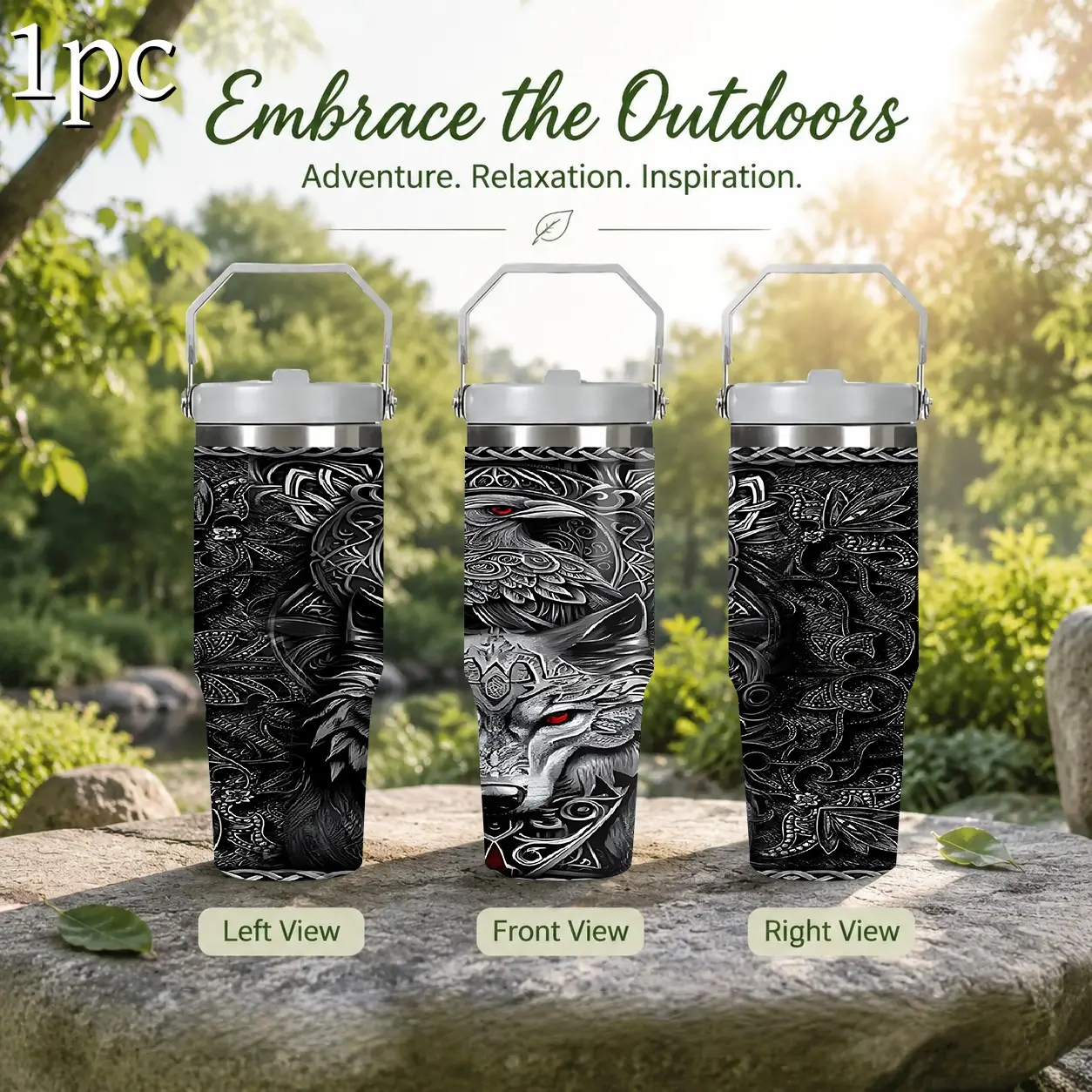 1pc 30oz Tribal Wolf Thermal Water Bottle, Insulated Flask, Flip Anti-Spill Lid, Foldable Handle, Back to School Gift, Perfect for Vikings & Wildlife Fans, Stainless Steel Flasks