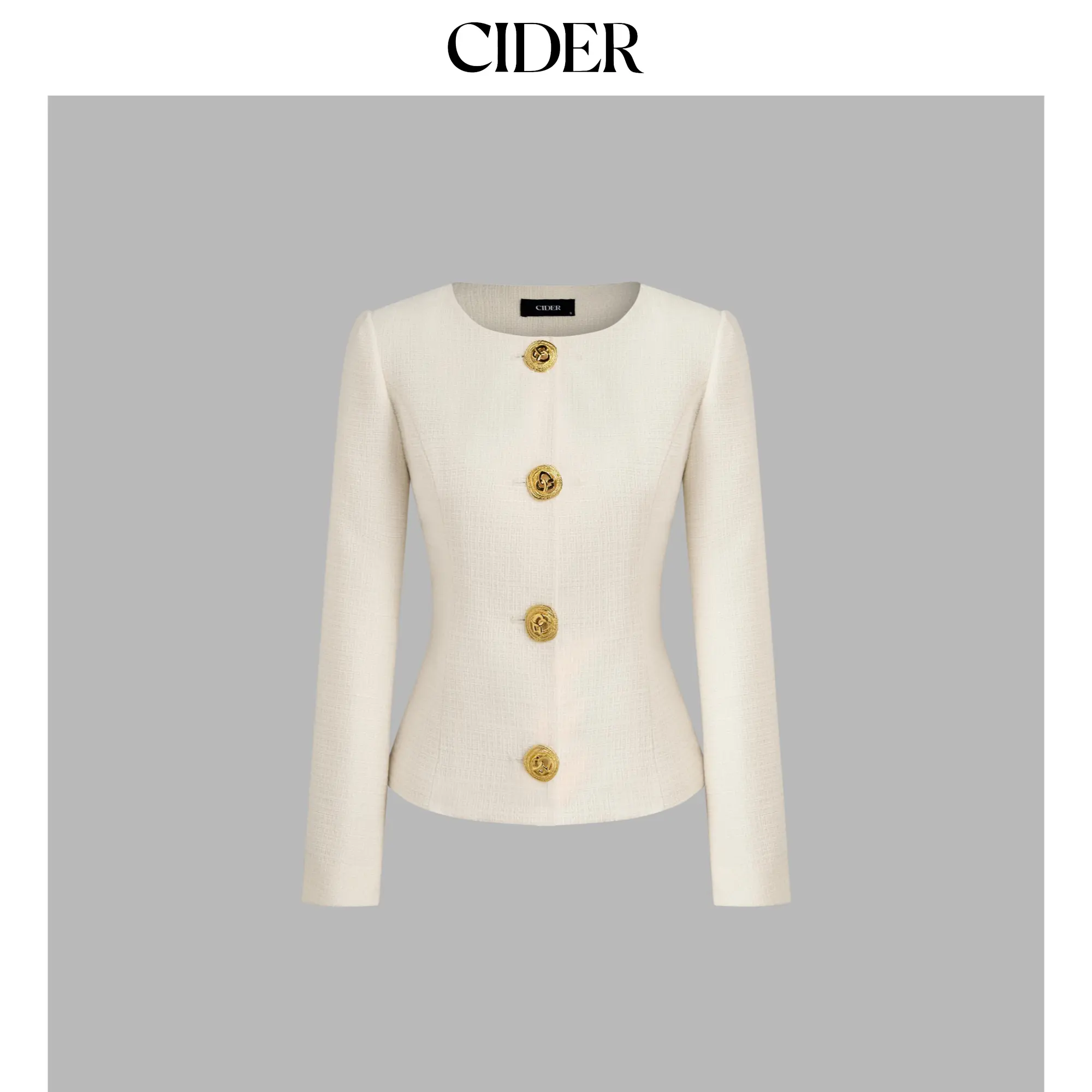 Cider [size 2-10] Tweed Round Neckline Solid Button Jacket SohoChic