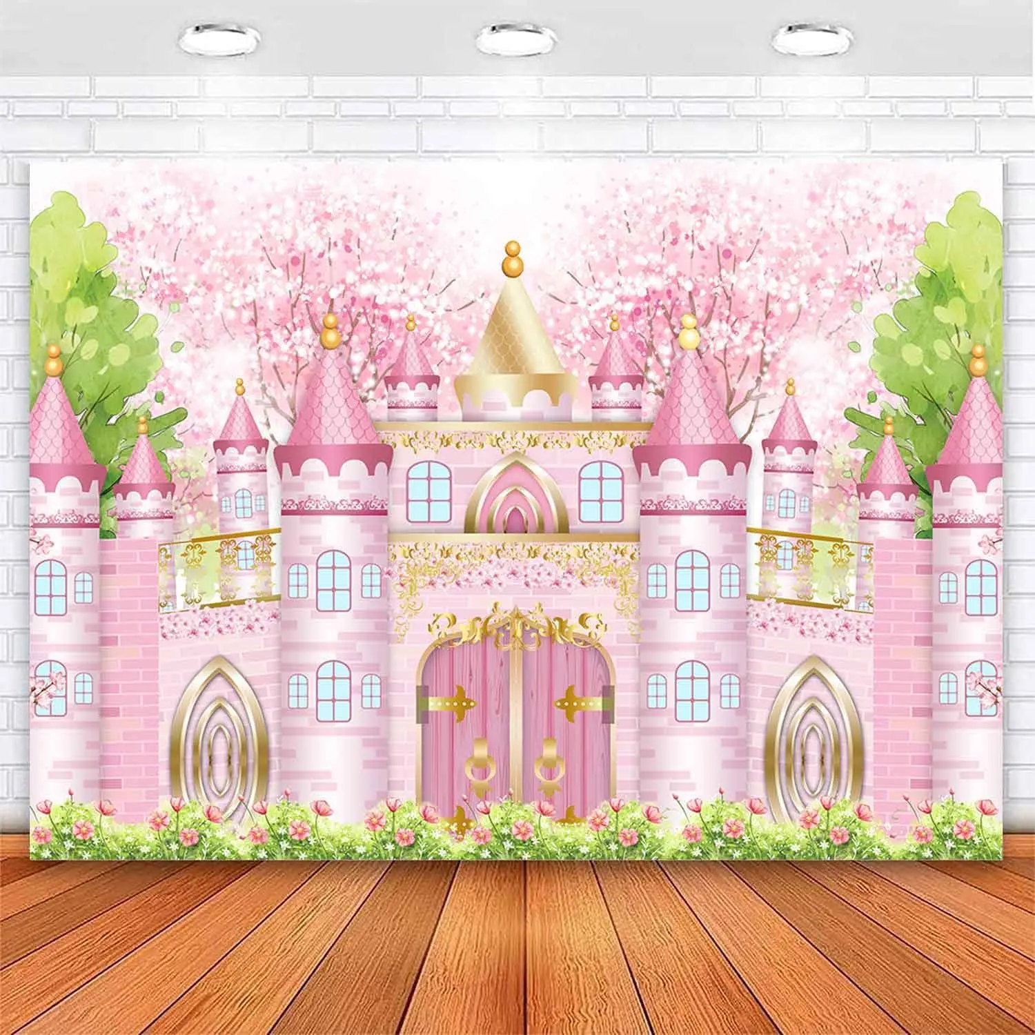 Princess Castle Birthday Backdrop Pastel Watercolor  Royal Castle Photography Background Fairy Tale Girl Birthday Party Decorations Supplies Cake Table Banner Photo Booth Props 7x5ft