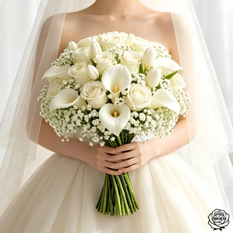 Mixed White Artificial Flower Bouquet, 4 Styles Calla Lily White Rose Tulip Baby's Breath, Maintenance-Free Faux Flowers, Bridal Wedding Hand Bouquet, Nordic Minimalist Floral Decor for Vase, Living Room, Dining Table, Entryway, Bedroom, Luxury Table Arra