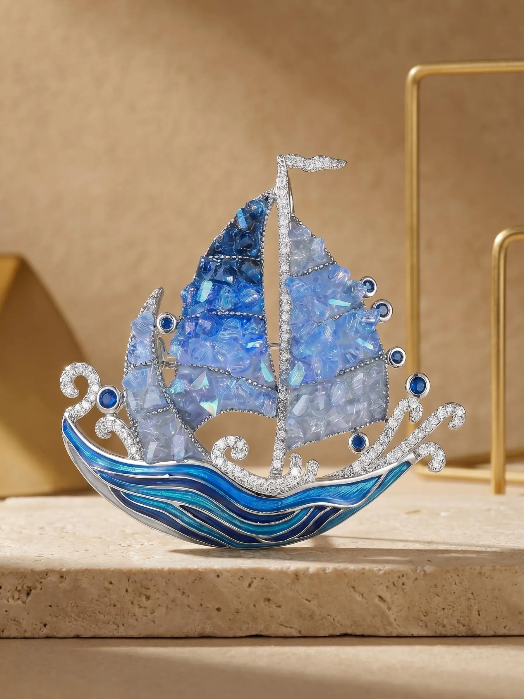 Smooth Sailing Sailboat Brooch, Gradient Blue Enamel Wave Lapel Pin with Iridescent Crystal Paved Sails, Silver Alloy Nautical Decor Accessory for Suits Dresses, Gentle Auspicious Well-Wish Gift