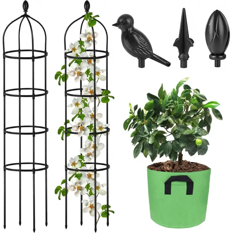 6 Ft Garden Obelisk Trellis for Climbing Plants, Outdoor Round Metal Plant Support with Grow Bag for Rose Bush, Clematis, Vine, Jasmine & Flower Pots
