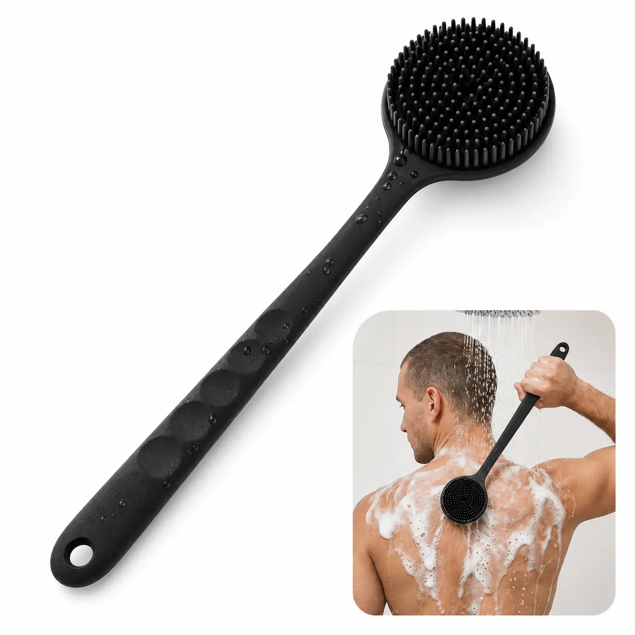 Silicone Back Scrubber for Shower, 15in Lengthen Long Handle Body Brush, Double Sided Shower Brush for Shower Exfoliating and Massage(Black)