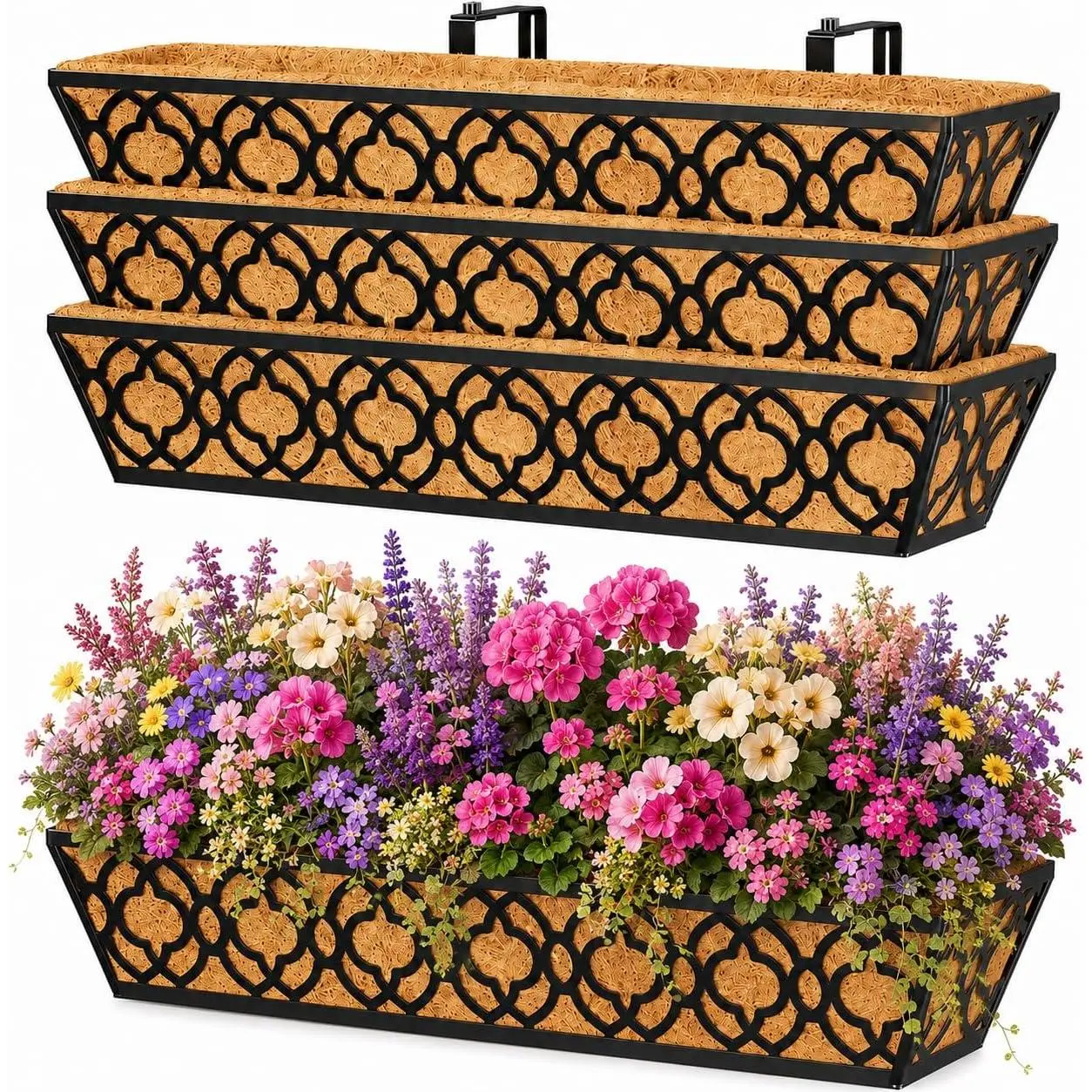 4-Pack 30 Inch Railing Planter Boxes 24 Inch 2 Pack,  Balcony Planter, Adjustable Deck Railing Planter Box, Metal Window Boxes Outdoor for Fence, Porch Flower Pots Holder