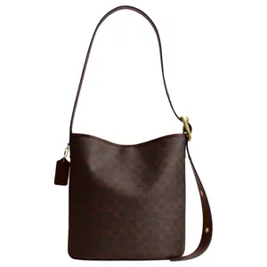 COACH Bleecker 28 Classic Logo Metal Hardware Bucket Bag for Women, Oversized, Maple Brown
