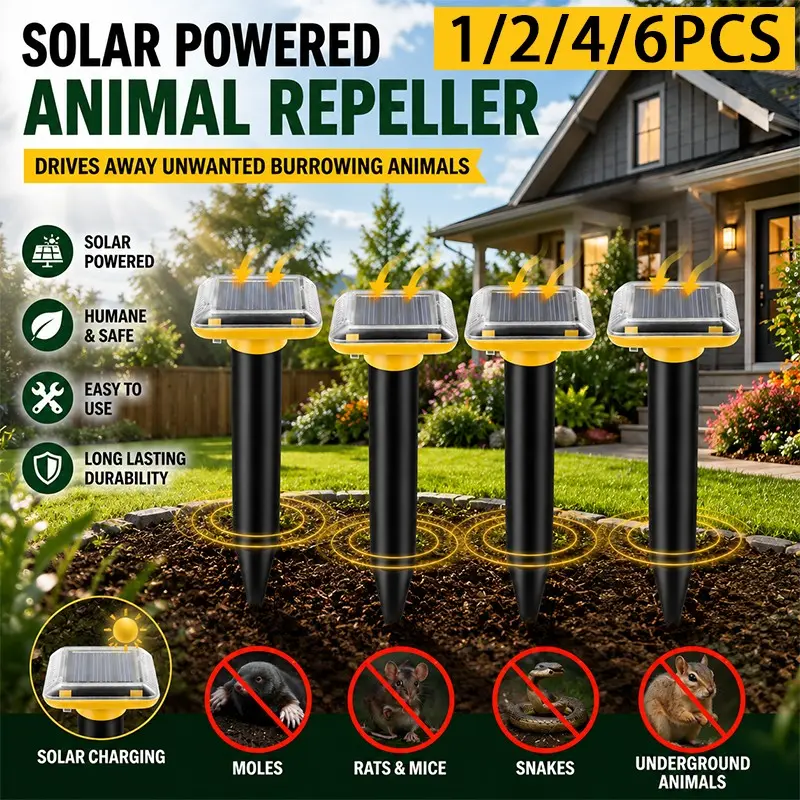 Solar Animal Repeller, Ultrasonic Vibration Mouse Snake Deterrent, Electronic Pest Repellent, Rodent Repellent, Mice Repellent, Solar Rechargeable, Home Pest Control, 1/2/4/6pcs