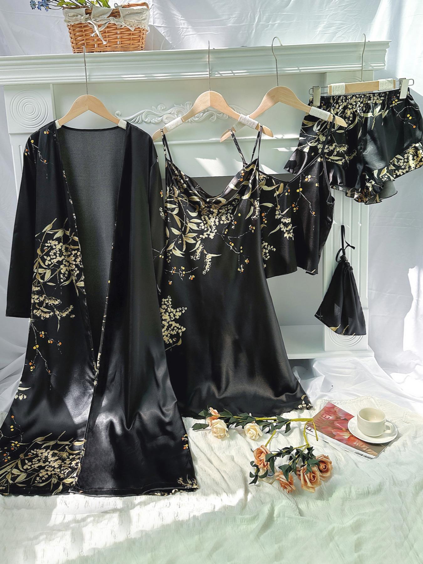 5 Counts Women's Floral Print Satin Pajama Set, Elegant Belted Robe & Cowl Neck Cami Dress & Camisole & Ruffle Shorts & Bag, Women Sleepwear for All Seasons, Summer Outfits, Satin Pyjama Set