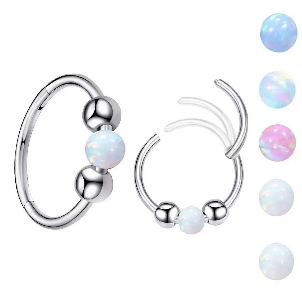 Stainless Steel Opal Closed Nose Ring - Nasal Septum Closure Ring, Steel Ball Earrings