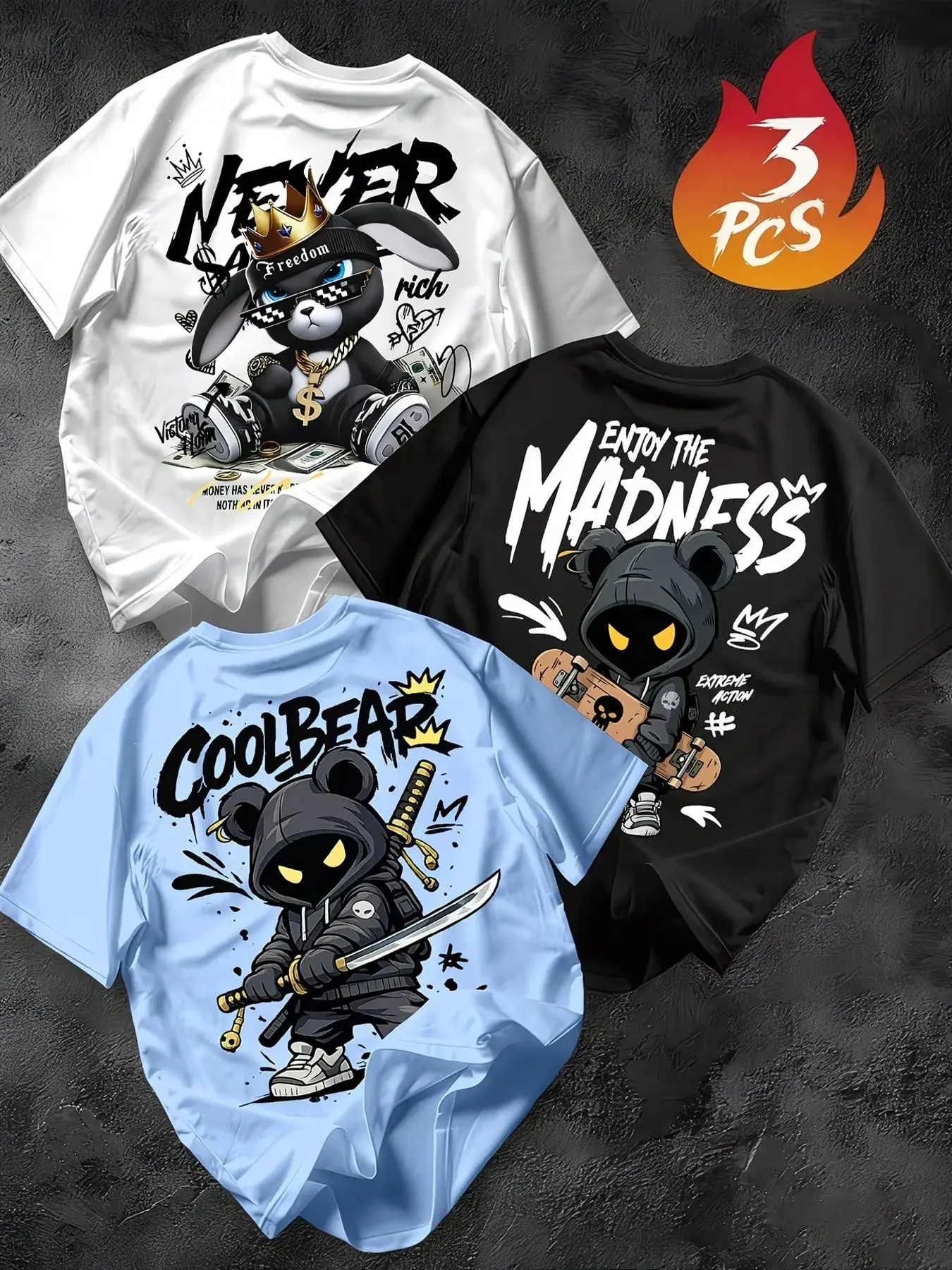 3 Piece Set American Street Cartoon Bear Short Sleeve Unisex Hip Hop Graffiti Ninja Rabbit Skateboard Bear Loose Round Neck T-Shirt Set