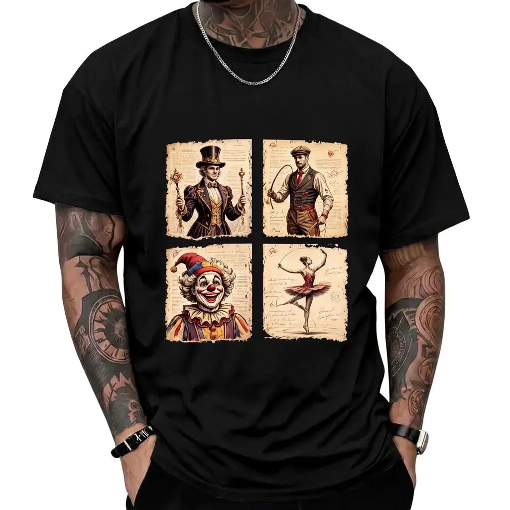 Vintage Circus Performers Graphic Shirt Retro Carnival Clown Ringmaster Short Sleeve Crew Neck Top  Cotton Tee Streetwear Dark Aesthetic Apparel Unisex  T-Shirt