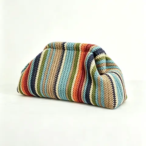 Vintage Textured Striped Cloud Bag Elegant Soft Retro Design Fashion Polka Dot Handbag Woven Straw Color Perfect For Beach Vacation Daily Commute And Friends Gathering Artistic Niche Style Fashionable Bohemian Bag