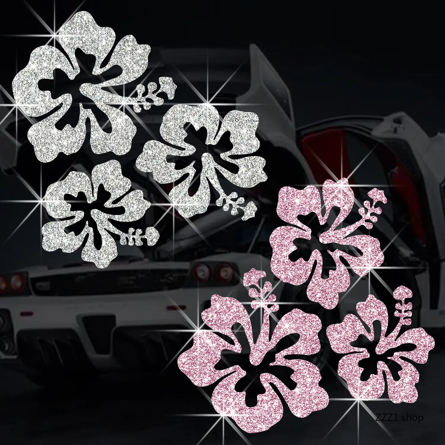Glitter Tropical Hibiscus Stickers for Women, Vinyl Car Window Decal, Waterproof Pink and Silver Decor for Laptops, Car Decorative Sticker, Decorative