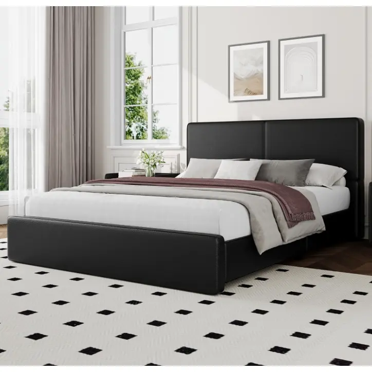 Twin/Full/Queen -Black/Brown PU Leather Upholstered Bed Frame with Headboard & Sturdy Slats, No Box Spring