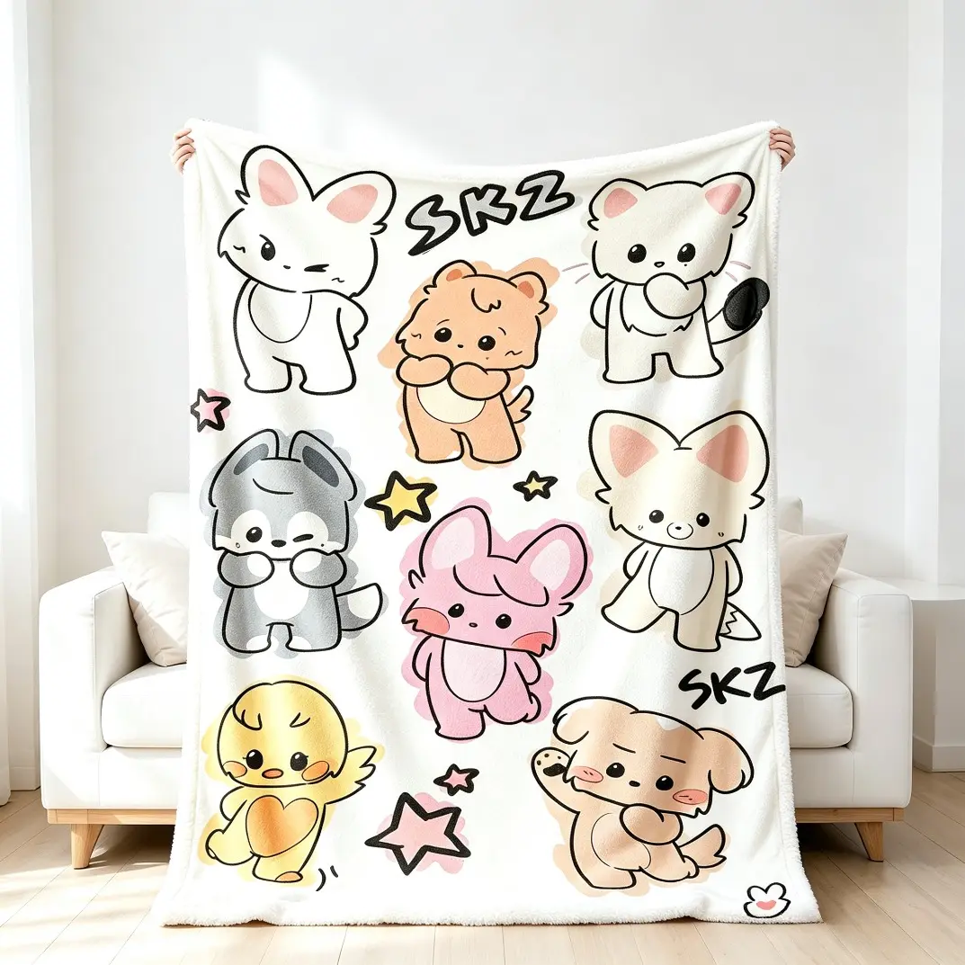 Cute SKZ Cartoon Theme Flannel Blanket, Soft Lightweight Warm Throw Blanket, Cozy Plush Fleece Blanket for Bed Sofa Office Travel, Multifunctional Cartoon Print Blanket, Home Decor Gift for Adults Kids Fans