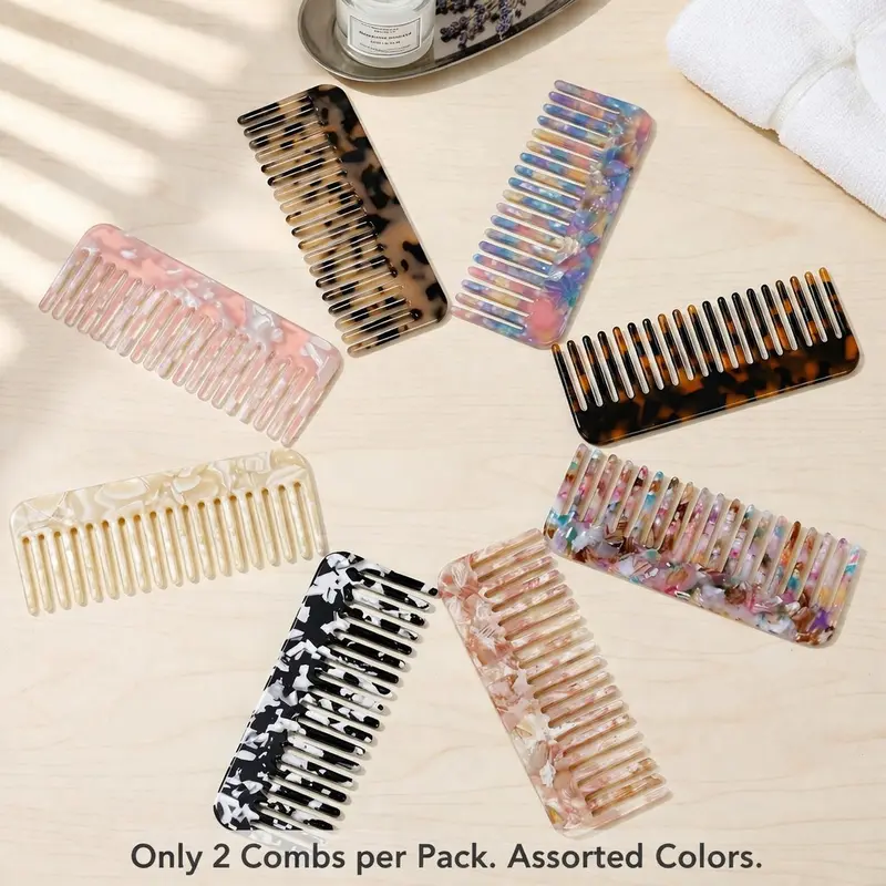 Colorful Acetate Board Comb Set (2 Pieces), Anti-Static Wide Teeth, Compact Lightweight Easy Clean, for Dry Wet Straight Curly Hair, Hair Styling Combs, Wide Tooth Comb