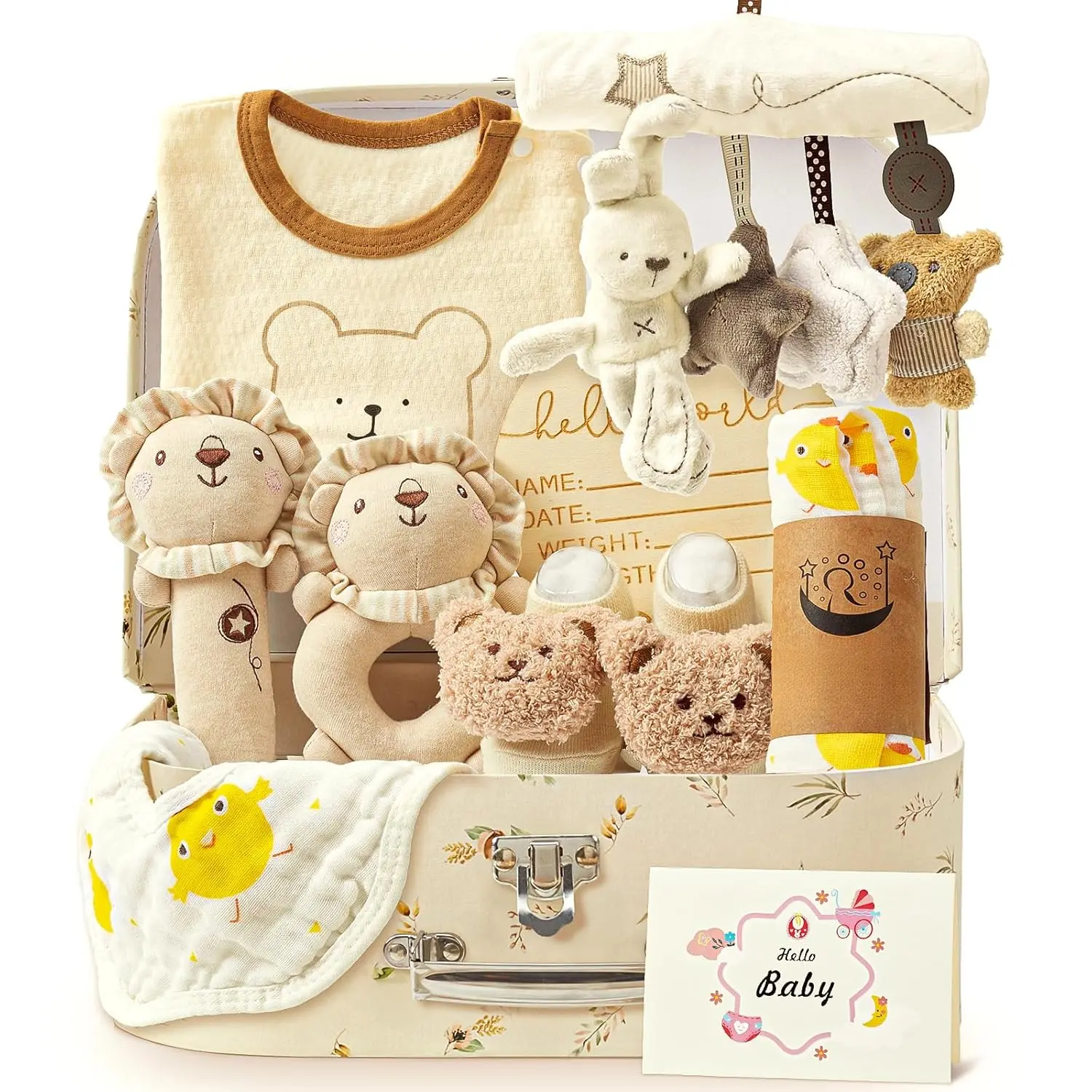 9pcs Newborn Baby Gift Baskets  Boys Girls Baby Shower, 2 Rattle/Seat Hang Toy/Blanket/Bodysuit/Bib/ 3D Socks/Wood Milestone/Carry Box, Neutral New Born Essential Stuff Unisex Baby Gifts Boy