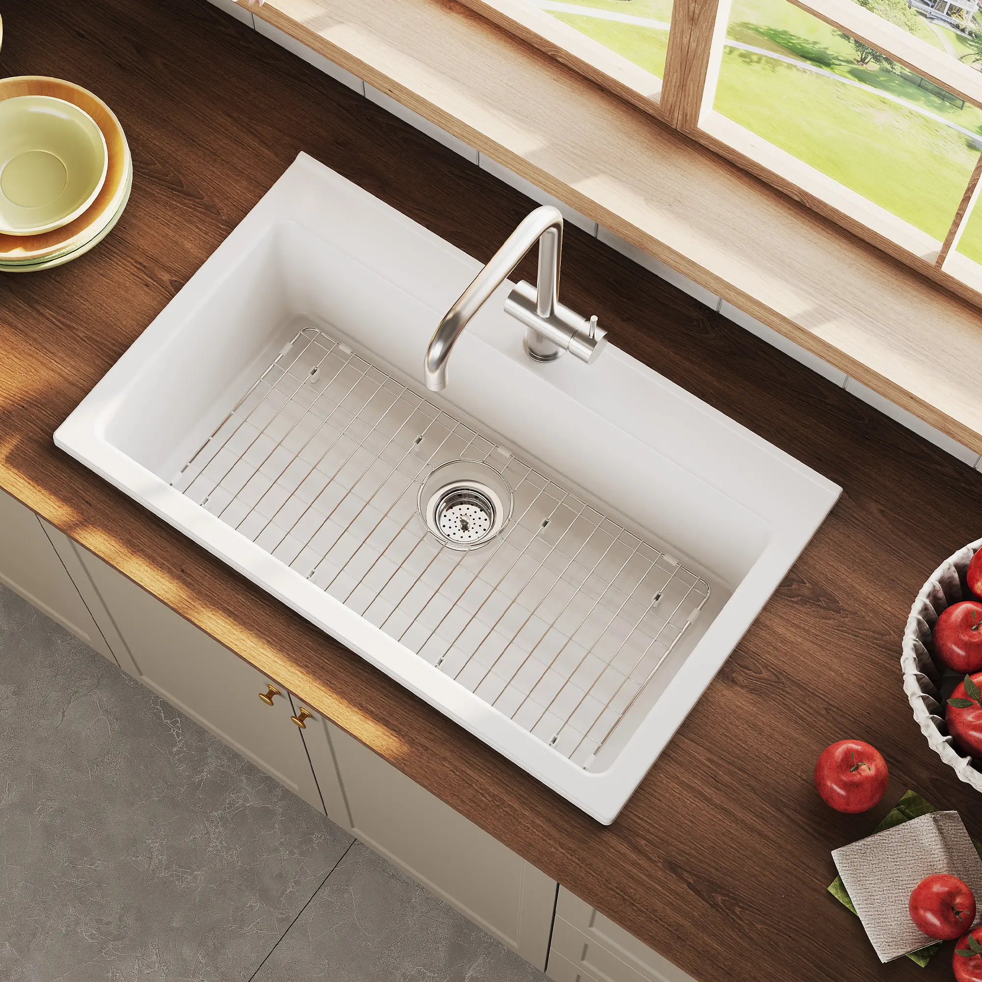 24 x 22 x 10 in/30 x 22 x 10 in/33 x 22 x 10 in White Farmhouse Kitchen Sink - Premium Fireclay Apron Front Single Bowl Deep Ceramic Sink for Kitchen Laundry Utility with Drain Assembly, Stainless Steel Bottom Grid