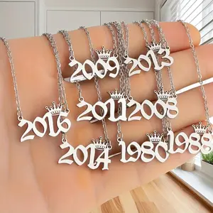 1 Elegant and Stylish Stainless Steel Polished Year Number Necklace, Unique Date Birthday Crown Pendant Necklace Gift for 1980-2024, Versatile Casual Attire Collarbone Chain Holiday Present