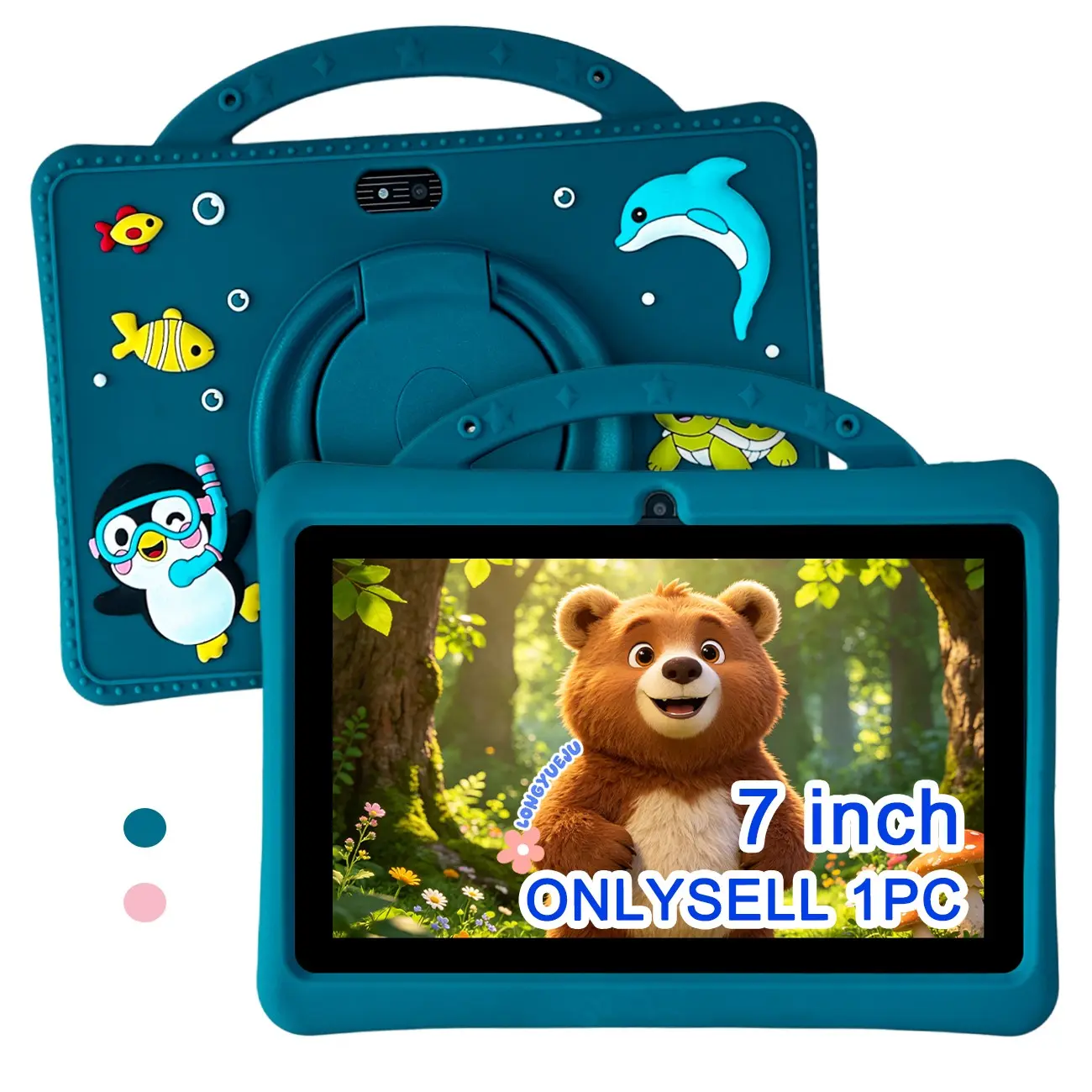 7 Inch Android Kids Tablet, Toddler Tablet, Childrens Tablet, WiFi & Bluetooth, HD Screen, Dual Cameras, Multiple Learning Apps, Parental Control, Educational Toy, Christmas & Halloween Gift, Pink & Blue, USB Cable Included, No Power Adapter