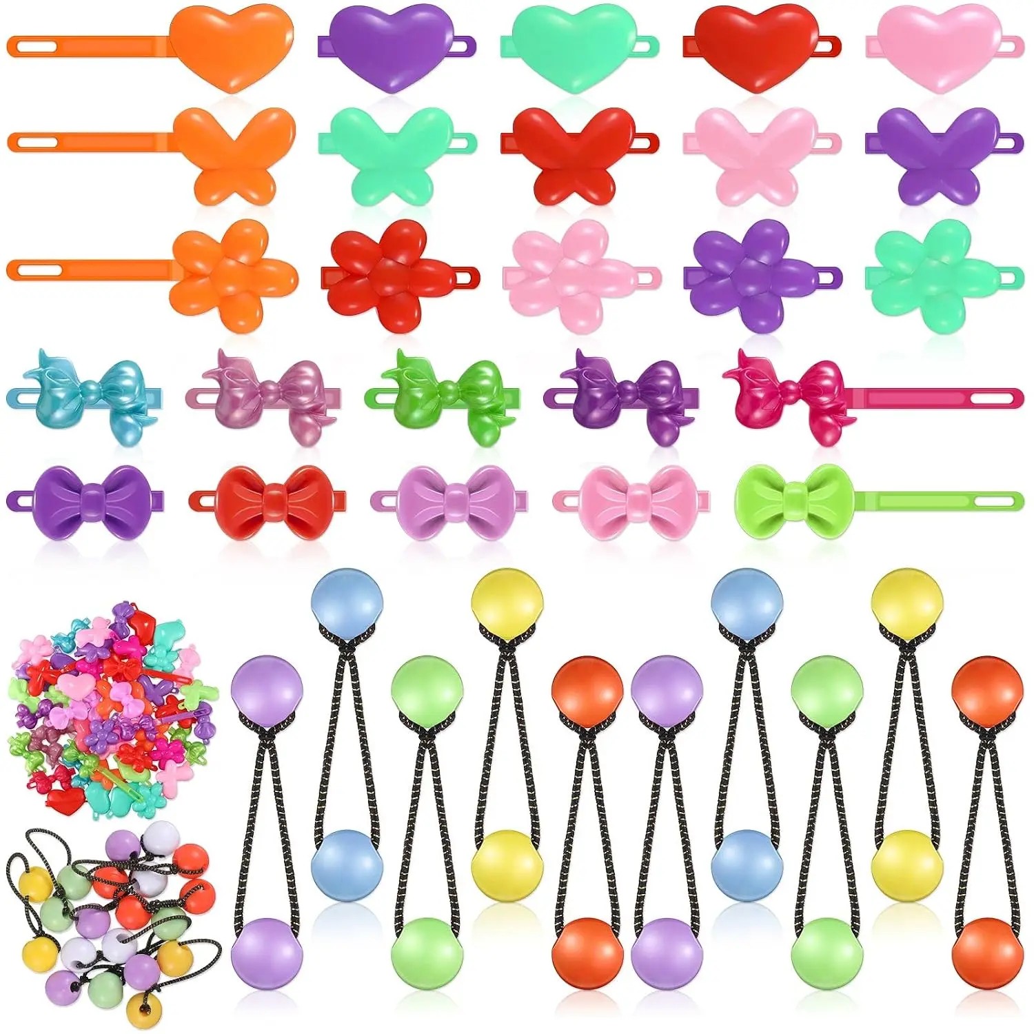 60 count Hair Accessories Set - Plastic Self Hinged Barrettes, Elastic Ponytail Holders,  Hair Clips for Girls and  | Bubble Ball Elastic Ponytail Holders, Snap Clips  Set, Colorful Plastic Self Hinged Barrettes, for Girls