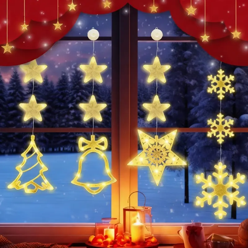 4-Pack Christmas Window Decorative Lights, 80 LED Christmas Battery Warm White Snowflakes, Stars, Christmas Trees and Bells Suction Cup Lights, Hanging Christmas Atmosphere Decorative Lights for Windows, Eaves