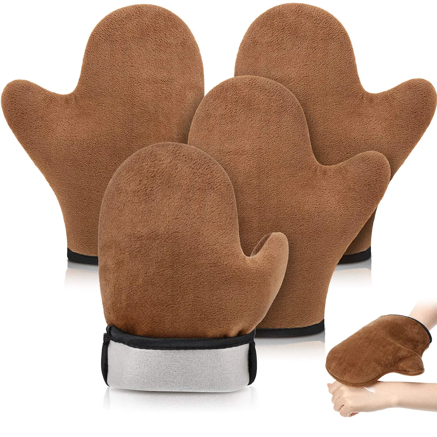 Brown Self Tanning Mitt Applicators (4 Packs) - Double-Sided, Reusable Personal Bath Accessories with Thumb for Sunless Tanner, Cream Application & Bath Cleaning