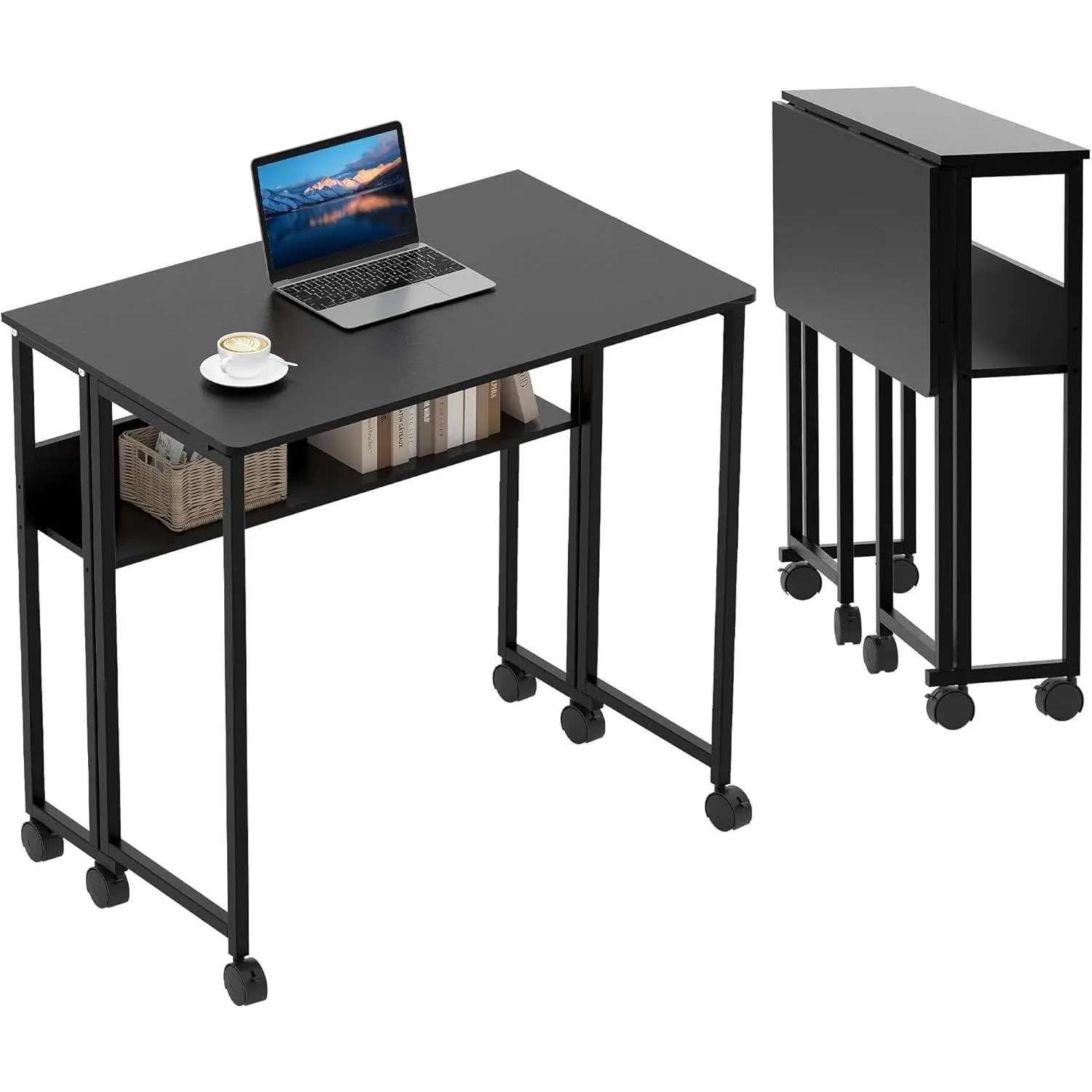 Folding Computer Desk with Storage Shelf – Mobile Rolling Table on Wheels, Collapsible Writing Desk for Home Office, Bedroom, and Study, Oak & White Finish, Easy Assembly, 24.8" Wide