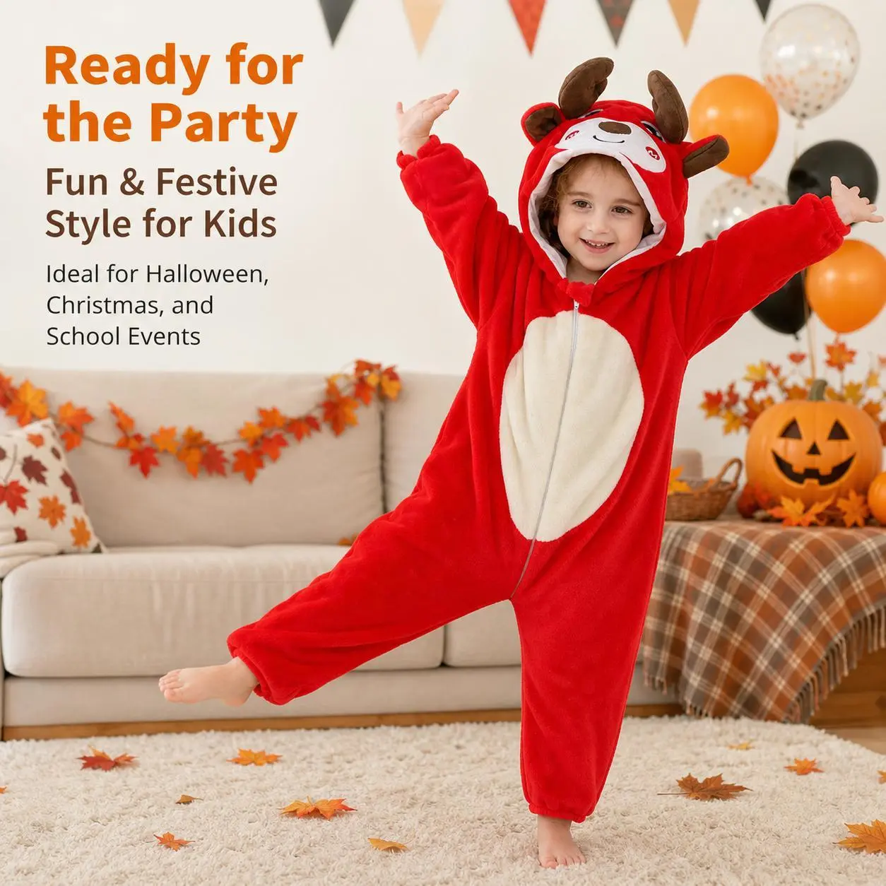 Toddler Kids' Red Reindeer Hooded Flannel Onesie Pajamas - Soft Winter Loungewear, Christmas Cosplay Costume for Boys & Girls