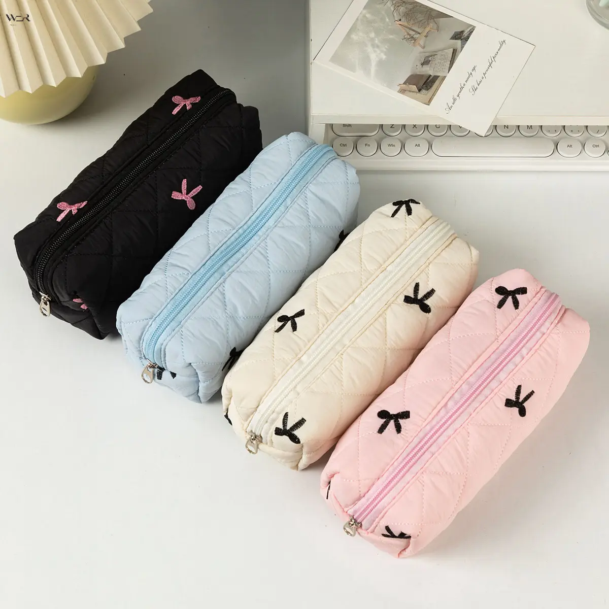 Cute Bow Embroidery Quilted Pencil Case, Large Capacity Soft Fabric Zipper Pen Pouch, Aesthetic Stationery Storage Bag for Teen Girls Students School Supplies, 4 Colors Available
