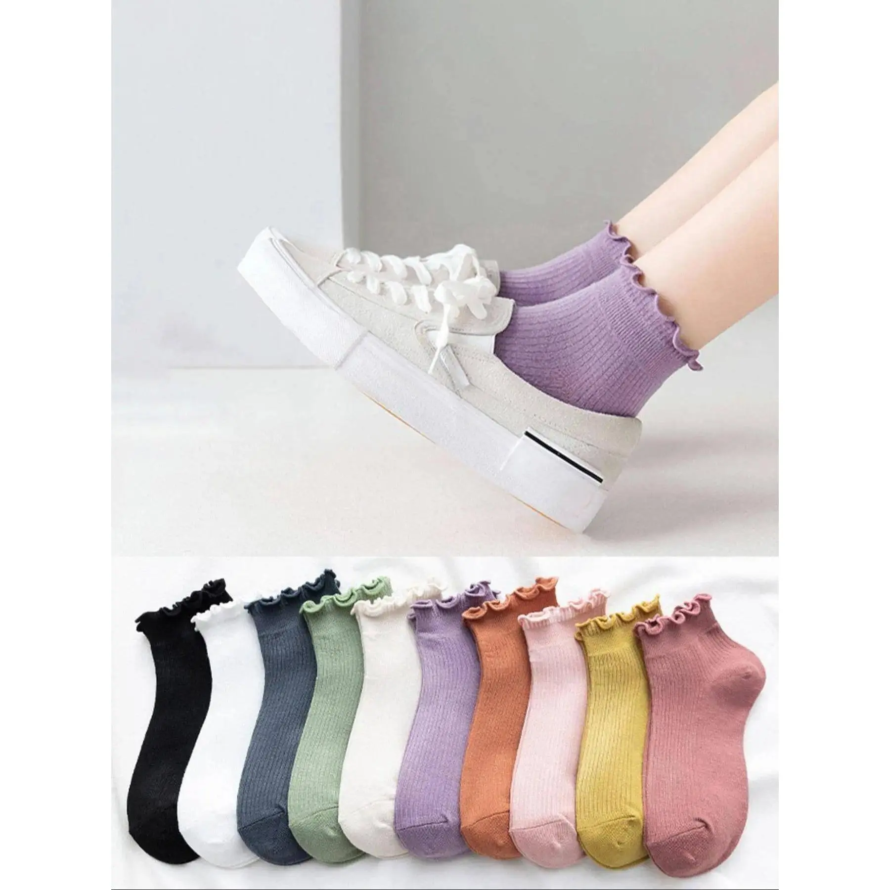 4/5/7/10Pairs Random Women's Solid Lettuce Trim Crew Socks, Lady Casual Moisture Wicking Plain Ankle Socks, Soft Comfy Breathable Socks for All Seasons Daily Wear, Casual Stylish Socks