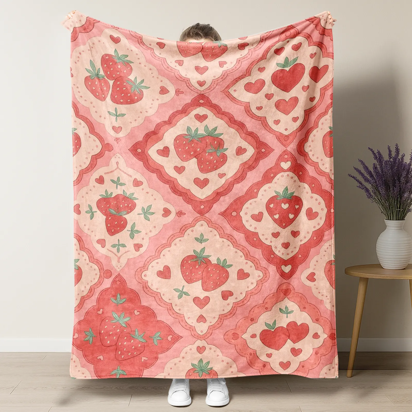 Pink Vintage Strawberry Tile Hearts Flannel Throw Blanket - 100% Polyester Soft Fabric, Coquette Cottagecore Aesthetic, Girly Vibes, Indoor/Outdoor Girly Bedroom Sofa Decor Gift For Her, Home Essentials, Back To School