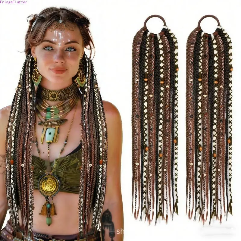Boho Braided Ponytail Extension with Loc Beads, Handmade Bohemian Style Braid Hair Piece, Natural Stylish Premium Hair Accessory for Music Festivals, Beach Vacations, Daily Wear & Boho Outfits