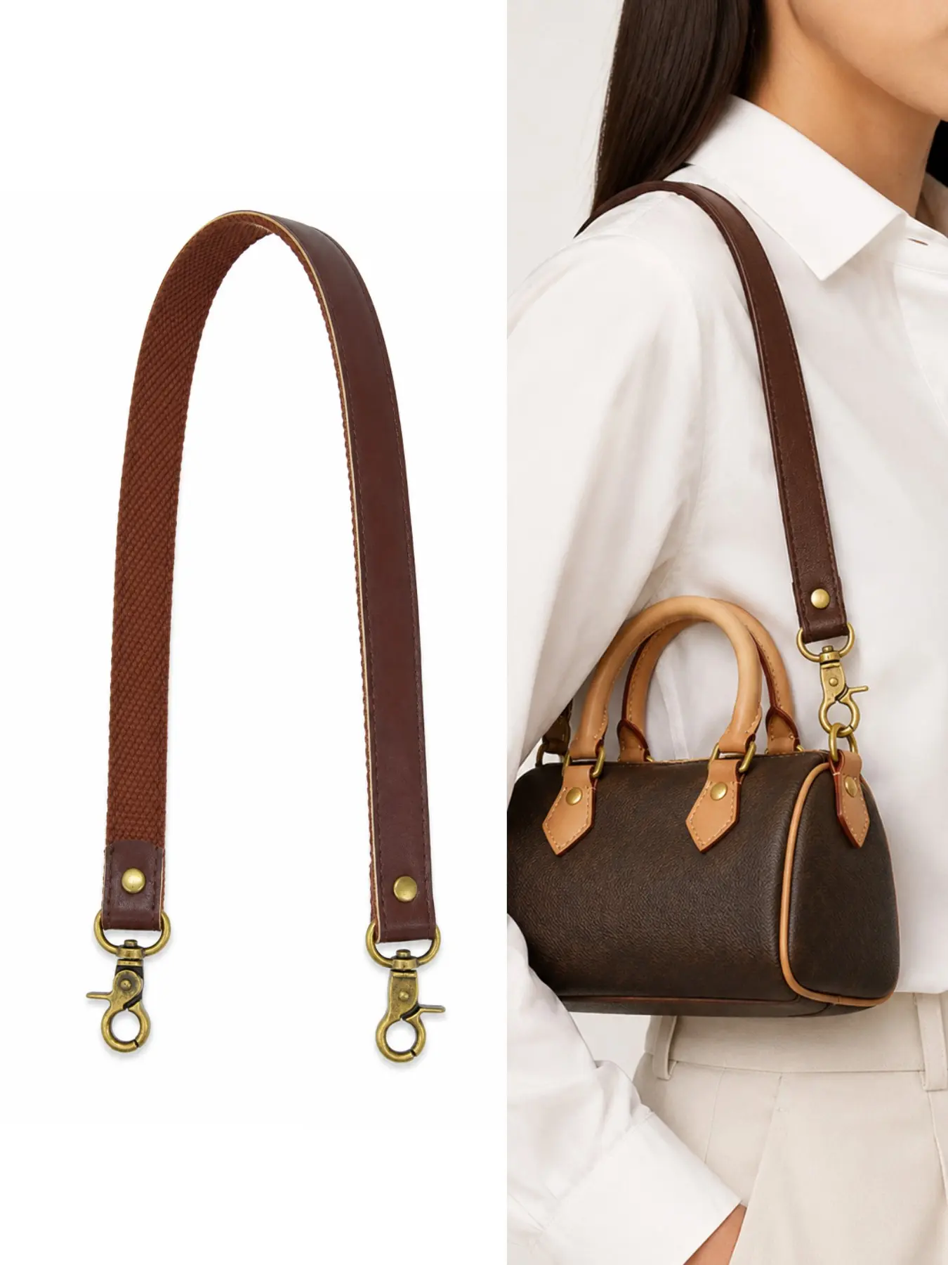Leather Bag Strap, Detachable Replacement Shoulder Strap for Mini Tote Bag, Short Purse Handle with Metal Clasps, Camera Carrying Strap, Handbag Replacement Accessory, Purse Shoulder Straps