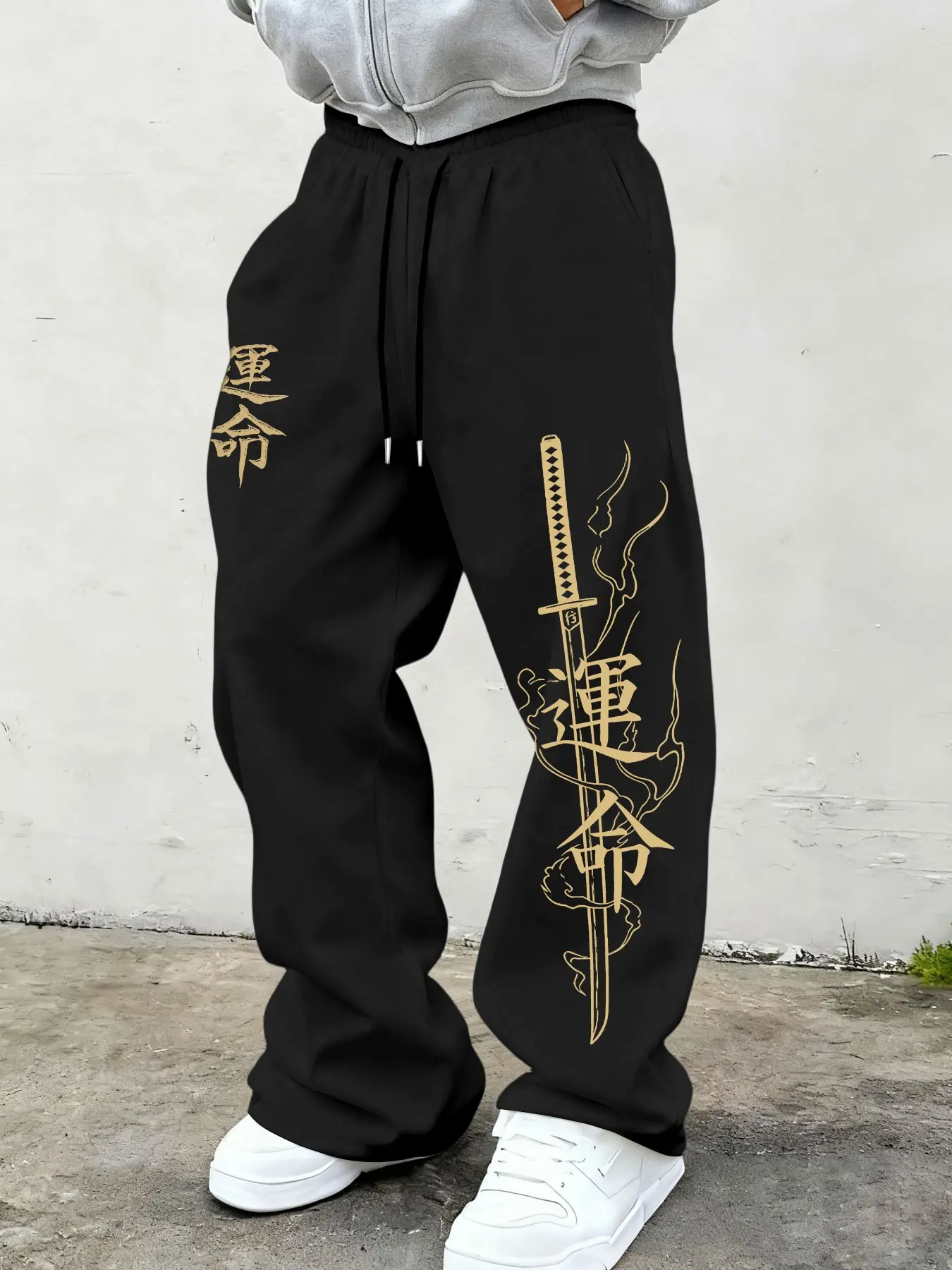 Men's Loose-Fit Wide-Leg Pants, Casual Trousers, Japanese Street Style Samurai Knife Print, Casual Spring & Fall Workout Leisure Trendy Long Pants, Casual Loungewear Pants, Fashion Streetwear Bottoms