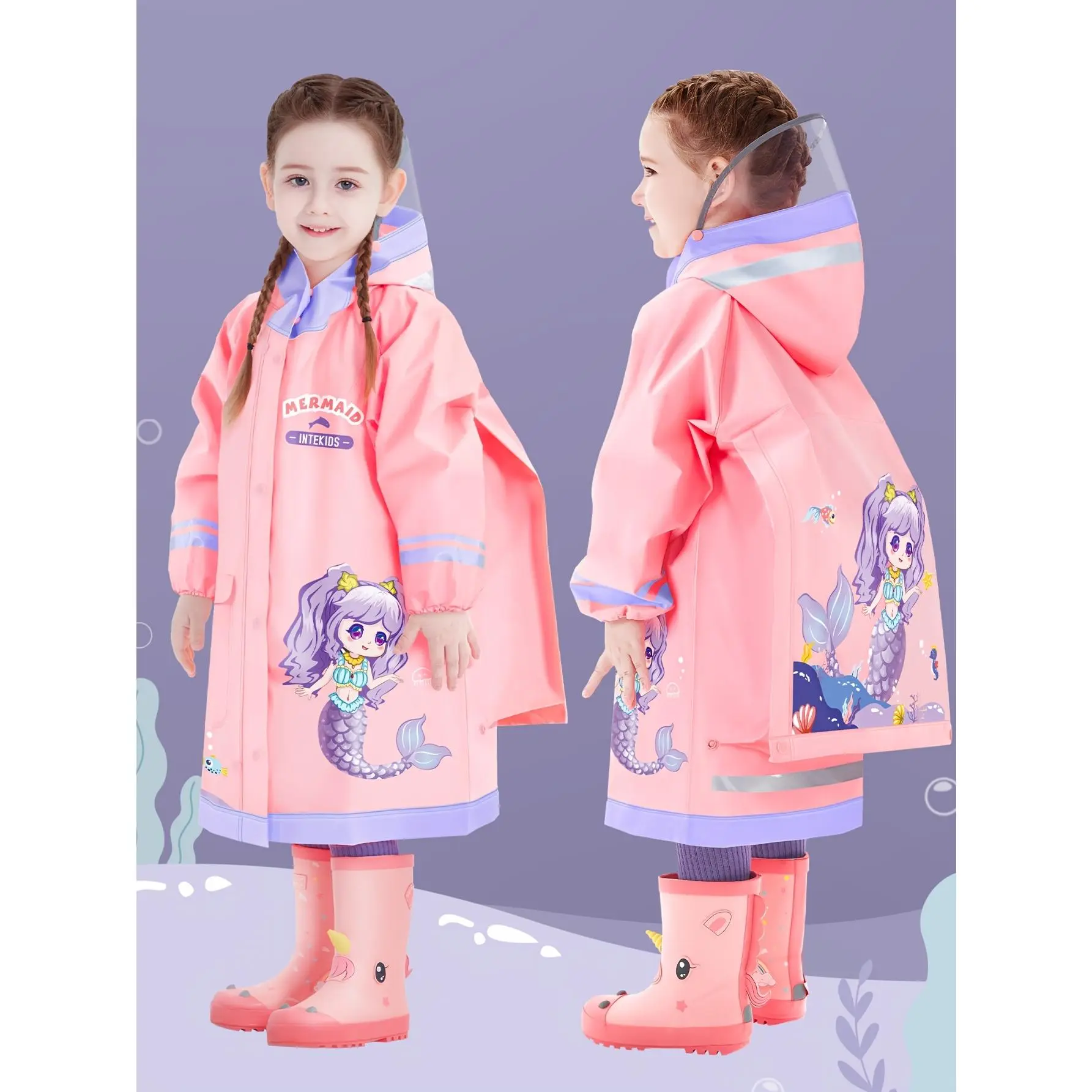 DM Girls' Pink Mermaid Print 100% EVA Raincoat - Backpack Style, Large Hood, Pockets, Zipper + Button Closure, for Rainy Days, Outdoor Camping (1pc)