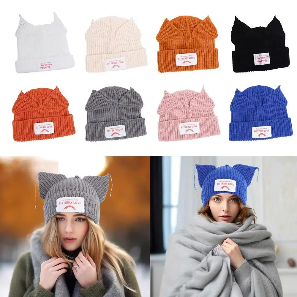 Unisex Double-Layer Cat Ear Knit Hooded Cap, Cute Niche Hip-Hop Personality Cold Hat, Unisex Clothes Accessory with Cotton-Polyester Mix (21%-30% Blend) - Check Size Carefully