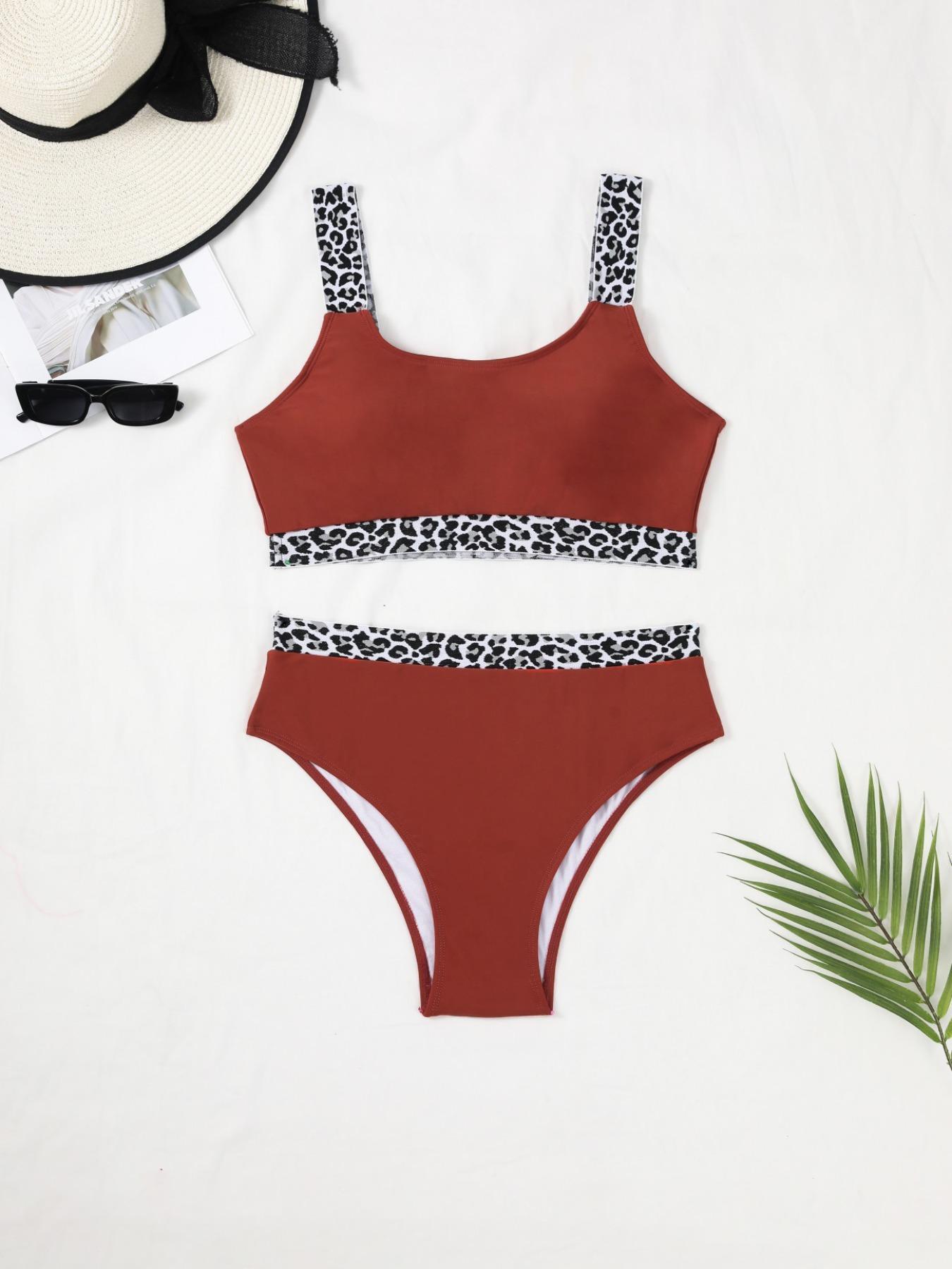 Plus Leopard Patchwork Print Tape Waist Swimsuit, Summer Clothes Women, Women's Casual Comfy Breathable High Stretch Swimwear for Summer, Swim Tankini Tops, High Rise Swimwear