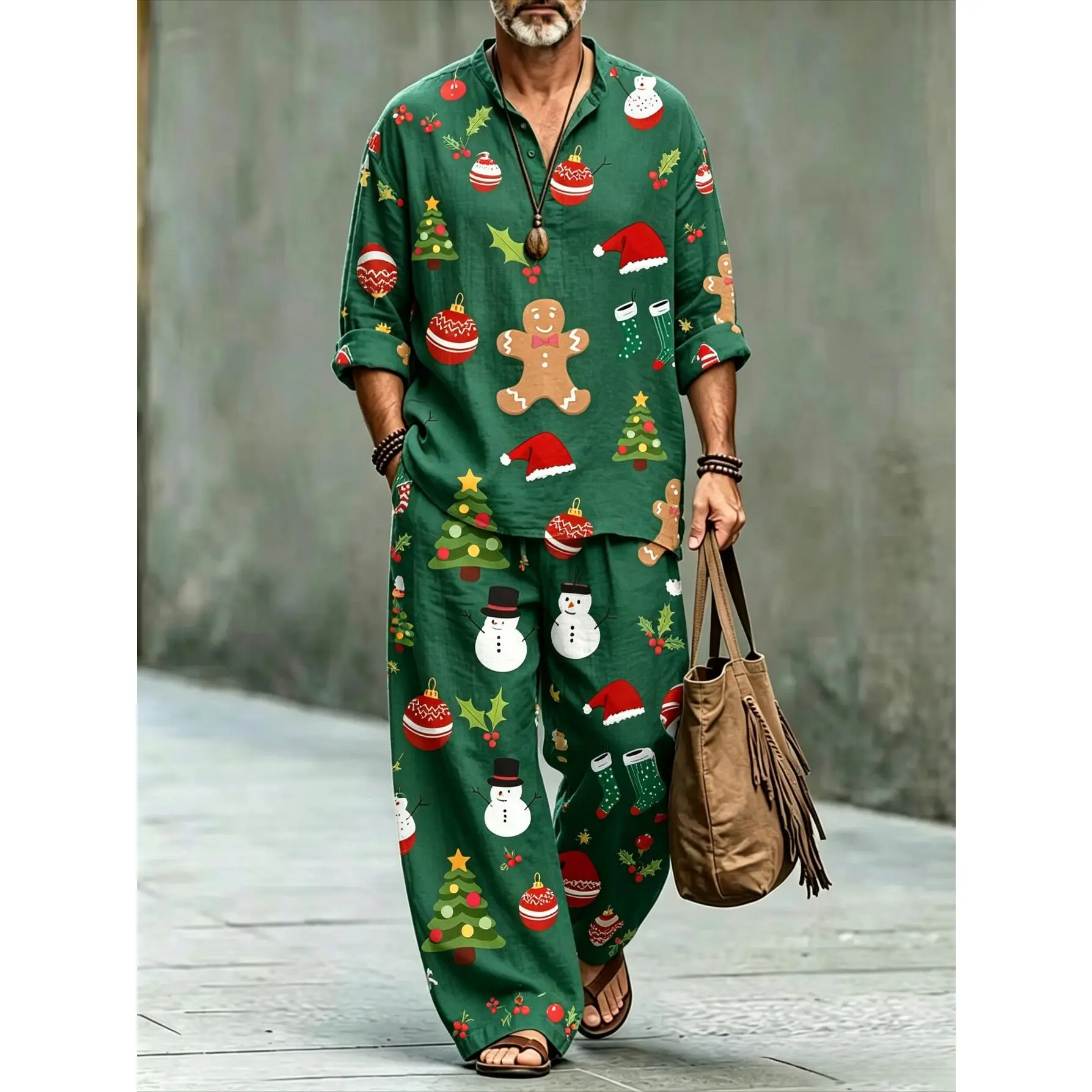 Men's 2-Piece Christmas Casual Outfit - Stand-Up Collar Long-Sleeve Shirt, Drawstring Wide-Leg Pants with Green Gingerbread Man, Snowman Prints