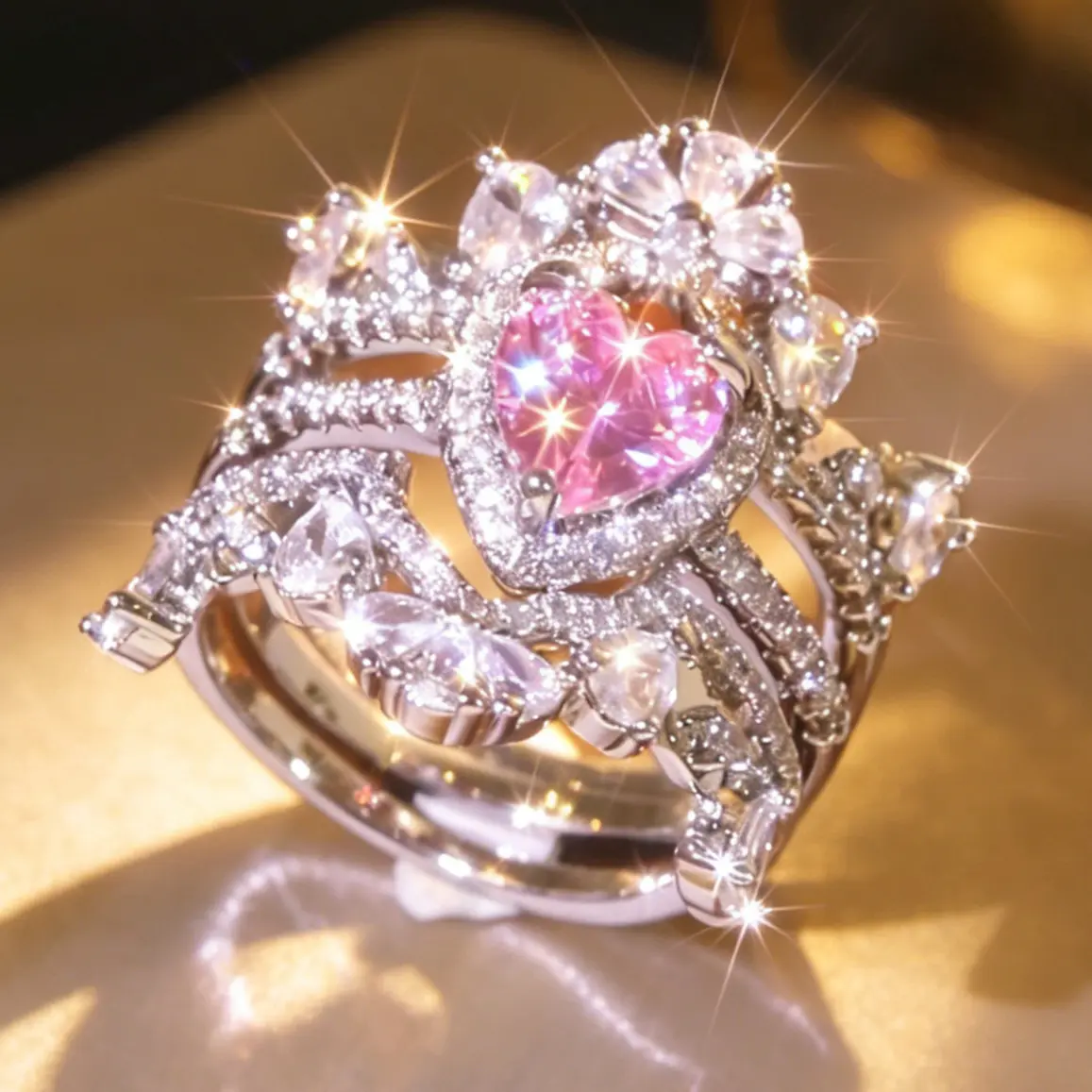 3pcs/set Dream Ring Pink Heart Crown Stackable Set  Princess Bling Wide Band Cocktail Couple Ring Vintage Floral Statement Wedding Set Finger Ring Wedding Dress Stackable Ring Set Heavy Accessory Bride's Valentines Christmas Day Gift