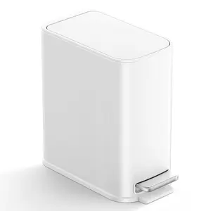 Small Bathroom Trash Can with Lid Soft Close, Step Pedal, 1.3 Gallon / 5 Liter Stainless Steel Slim Garbage Can for Office, Diaper Waste Basket with Removable Inner Bucket (White)
