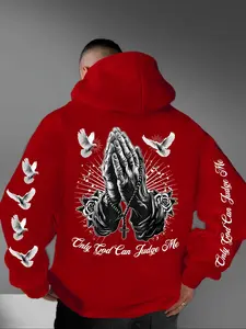 Men Oversized Heavyweight Pullover Faith Hoodie Y2K Vintage Streetwear Praying Hands Dove Rose Cross Graphic Sweatshirt Only God Can Judge Me Double Sleeve Letter Print Soft Fleece Long Sleeve Hooded Top for Fall Winter Daily Skate Hip Hop Campus Outfit